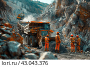 Team of industrial workers inspect sand quarry and check Industry machine for stone crusher, belt conveyor on open pit mine. Стоковое AI-изображение, AI-художник Ирина Михайличенко / Фотобанк Лори