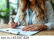 Unknown woman-doctor filling up an application form while consulting patient. Medicine concept. Стоковое AI-изображение, AI-художник Ирина Михайличенко / Фотобанк Лори