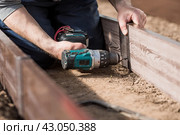 A man holds a battery-powered screwdriver and collects new beds from WPC into a greenhouse made of polyethylene, polycarbonate. Macro photography. Side view. Preparing for the spring garden season. Стоковое фото, фотограф Photojuli / Фотобанк Лори