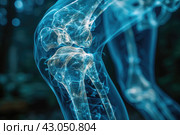 Human knee joint and leg in x-ray on blue background. Стоковое AI-изображение, AI-художник Ирина Михайличенко / Фотобанк Лори