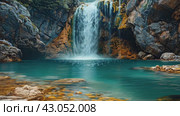 Nature's symphony in motion, as a majestic waterfall plunges into a pristine pool below, amidst a backdrop of vibrant foliage and towering trees. Стоковое AI-видео, аниматор Ирина Михайличенко / Фотобанк Лори