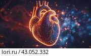 human heart with light grids symbolizing the complexity of cardiovascular health, nerve connections, impulses and nerve endings on a dark background. Стоковое AI-видео, аниматор Александр Довянский / Фотобанк Лори