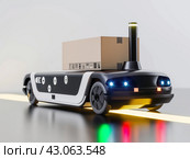 Autonomous Delivery Robot with Package. Стоковое AI-изображение, AI-художник Кирилл Черезов / Фотобанк Лори