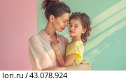 Tender Moment Between Mother and Child in Soft Pastel Tones, ai-generated item. Стоковое AI-изображение, AI-художник Юлия Паутова / Фотобанк Лори