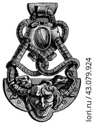 Ancient Bronze Art. Door knocker from Bologna. Italian Renaissance. Publication of the book "Meyers Konversations-Lexikon", Volume 7, Leipzig, Germany, 1910. Стоковая иллюстрация, иллюстратор Sergey Kohl / Фотобанк Лори