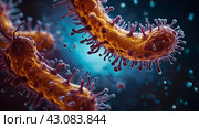 a bacteria of Mycoplasma pheumonia,macro.Neon art.Peach Fuzz colour of Pantone. Стоковое AI-изображение, AI-художник Андрей Митин / Фотобанк Лори