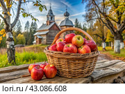 The concept of the Russian Orthodox holiday yablochny spas. A beautiful wicker basket made of vines with red ripe apples on the background of an Orthodox church. Стоковое AI-изображение, AI-художник Photojuli / Фотобанк Лори