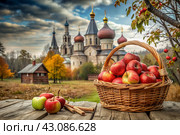 The concept of the Russian Orthodox holiday yablochny spas. A beautiful wicker basket made of vines with red ripe apples on the background of an Orthodox church. Стоковое AI-изображение, AI-художник Photojuli / Фотобанк Лори