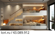 Bedroom With Loft Bed and Stairs. Стоковое AI-изображение, AI-художник Юлия Гапеенко / Фотобанк Лори