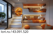 Bedroom With Loft Bed and Stairs. Стоковое AI-изображение, AI-художник Юлия Гапеенко / Фотобанк Лори