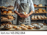 Fresh delicious bread in the hands of a male baker in close-up. Freshly baked sourdough bread with a golden crust on a wooden board. The context of a bakery with delicious bread. Confectionery products. Стоковое AI-изображение, AI-художник Photojuli / Фотобанк Лори