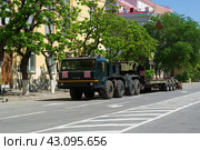 Военный автомобиль, мощный седельный тягач БАЗ-6403 с полуприцепом, танковоз. Волгоград, улица Мира, Россия, (2024 год). Редакционное фото, фотограф Андрей Цыганков / Фотобанк Лори