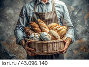 Delicious fresh bread in the hands of a male baker in close-up. Freshly baked sourdough bread with a golden crust in a wicker basket. The atmosphere of a bakery with delicious bread. Confectionery products. Стоковое AI-изображение, AI-художник Photojuli / Фотобанк Лори