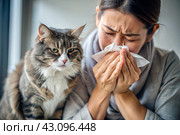 A woman sneezes into a white napkin at home. Allergies to cats and pet hair. There's a cat sitting next to me. Стоковое AI-изображение, AI-художник Photojuli / Фотобанк Лори