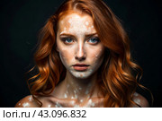 Leukoderma. Vitiligo. Violation of skin pigmentation. Large white spots all over the body and face. Portrait of a beautiful girl with a skin disease. Стоковое AI-изображение, AI-художник Photojuli / Фотобанк Лори