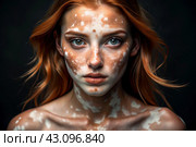 Leukoderma. Vitiligo. Violation of skin pigmentation. Large white spots all over the body and face. Portrait of a beautiful girl with a skin disease. Стоковое AI-изображение, AI-художник Photojuli / Фотобанк Лори