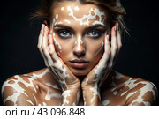 Leukoderma. Vitiligo. Violation of skin pigmentation. Large white spots all over the body and face. Portrait of a beautiful girl with a skin disease. Стоковое AI-изображение, AI-художник Photojuli / Фотобанк Лори