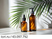 Aromatherapy. A glass bottle with a pipette for oil, lotion and palm leaves on a concrete background. Natural organic eco-cosmetics. The layout of the corporate identity of the beauty salon. Стоковое AI-изображение, AI-художник Photojuli / Фотобанк Лори