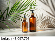 Aromatherapy. A glass bottle with a pipette for oil, lotion and palm leaves on a concrete background. Natural organic eco-cosmetics. The layout of the corporate identity of the beauty salon. Стоковое AI-изображение, AI-художник Photojuli / Фотобанк Лори