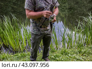 Спиннинг и пойманная рыба в мужских руках/ Hunting and fishing, men's hobby. Sport fisherman holding trophy fish. Стоковое фото, фотограф Iva Noel / Фотобанк Лори