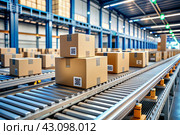 Logistics. Intelligent, automatic packaging of parcels in a warehouse, tags and QR codes in cardboard boxes for effective tracking, authentication and tracking. Стоковое AI-изображение, AI-художник Photojuli / Фотобанк Лори