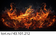 Several Fire Flames Burning on Black Background. Стоковое AI-изображение, AI-художник Юлия Гапеенко / Фотобанк Лори