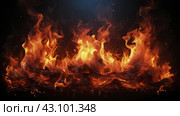 Several Fire Flames Burning on Black Background. Стоковое AI-изображение, AI-художник Юлия Гапеенко / Фотобанк Лори