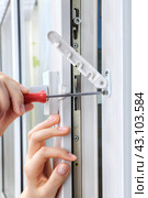 Restrictor is placed on double hung window to restrict expansion. Стоковое фото, фотограф Владимир Григорьев / Фотобанк Лори