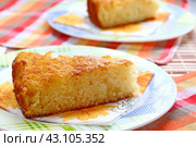 Кусок пирога Манник на тарелке. Вкусный сладкий десерт. Стоковое фото, фотограф Дорощенко Элла / Фотобанк Лори