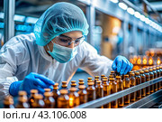 Production of medicines. A pharmacist checks medical vials on an automatic conveyor of a pharmaceutical factory production line using artificial intelligence. Стоковое AI-изображение, AI-художник Photojuli / Фотобанк Лори