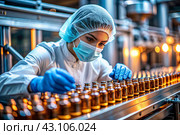 Production of medicines. A pharmacist checks medical vials on an automatic conveyor of a pharmaceutical factory production line using artificial intelligence. Стоковое AI-изображение, AI-художник Photojuli / Фотобанк Лори