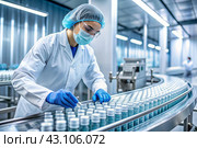 Production of medicines. A pharmacist checks medical vials on an automatic conveyor of a pharmaceutical factory production line using artificial intelligence. Стоковое AI-изображение, AI-художник Photojuli / Фотобанк Лори