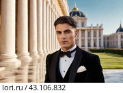 Portrait of handsome young man in tuxedo and bow tie posing outside, serious looking at camera. Confident stylish guy businessman in tux, fashionable festive image James Bond style. Copy ad text space. Стоковое AI-изображение, AI-художник Aleksandr Golubev / Фотобанк Лори