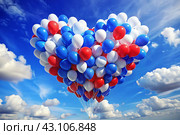 The concept of celebrating Russia Day on June 12. Balloons in the shape of a heart in the colors of the tricolor of Russia. White, blue, red balls fly away into the blue sky. Стоковое AI-изображение, AI-художник Photojuli / Фотобанк Лори