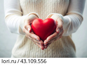 A woman's hands are holding a red heart. World Day of Health, Love and Family Insurance. World Heart and Health Day. National Organ Donor Day. Стоковое фото, фотограф Photojuli / Фотобанк Лори