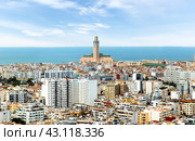 Panoramic aerial view of Casablanca, with Grand mosque Hassan II Mosque and the Atlantic ocean. Casablanca. Morocco (2024 год). Стоковое фото, фотограф Евгений Ткачёв / Фотобанк Лори