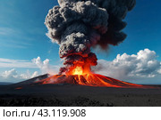 View of volcanic eruption, volcanic lava up from crater above, clouds and steam in sky. Scenery of crater from fire volcano. Global earth ecological concept. Gen ai illustration. Copy ad text space. Стоковое AI-изображение, AI-художник Aleksandr Golubev / Фотобанк Лори