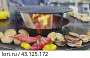 Grilled vegetables on a modern outdoor grill, perfect for family barbecues. Стоковое видео, видеограф Антон Гвоздиков / Фотобанк Лори
