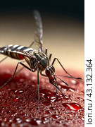 Mosquitoes (Aedes aegypti) sucking human blood, close up. Close-up of striped mosquito on human skin, macro photo. Carriers of dengue fever and malaria concept. Gen ai illustrate. Copy ad text space. Стоковое AI-изображение, AI-художник Aleksandr Golubev / Фотобанк Лори