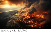 Large wildfire burns in a forest next to a lake, sending up a large smoke plume. Стоковое AI-изображение, AI-художник Данила Большаков / Фотобанк Лори