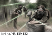 Paintball players of one team in camouflages and masks aiming with gun in shootout playing. Стоковое фото, фотограф Яков Филимонов / Фотобанк Лори