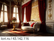 Old white and gold Royal chair with red curtains and candelabra in medieval vintage room. Throne for king in castle. Background in architecture or retro interior design. Copy space, text place. Стоковое AI-изображение, AI-художник Aleksandr Golubev / Фотобанк Лори