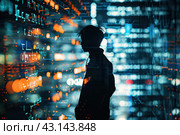 Person silhouette against glowing digital backdrop. Male standing on a flow of data showing cyber threats, vulnerabilities. VR environment screens displaying coding. AI Artificial Intelligence concept. Стоковое AI-изображение, AI-художник Марина Демидюк / Фотобанк Лори