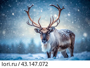 Reindeer graze against the background of a winter tundra landscape. Snow is falling. Snowstorm. Стоковое AI-изображение, AI-художник Photojuli / Фотобанк Лори