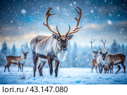 Reindeer graze against the background of a winter tundra landscape. Snow is falling. Snowstorm. Стоковое AI-изображение, AI-художник Photojuli / Фотобанк Лори