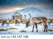 Reindeer graze against the background of a tundra landscape and a winter yurt. Snow is falling. Snowstorm. Стоковое AI-изображение, AI-художник Photojuli / Фотобанк Лори