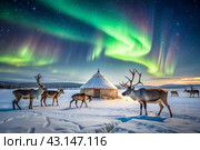 Reindeer graze against the background of a tundra landscape and a winter yurt. Snow is falling. Snowstorm. Стоковое AI-изображение, AI-художник Photojuli / Фотобанк Лори