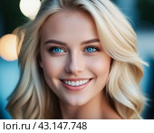 Portrait of a smiling beautiful young blonde girl or woman with straight flowing hair, blue eyes, long eyelashes and white teeth. Anamorphic bokeh. Friendliness, charm, joy and happiness. Generated AI. Стоковое AI-изображение, AI-художник Юлия Петровская / Фотобанк Лори