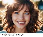 Portrait of a smiling beautiful young portrait of a brown-haired girl or woman with straight flowing hair, blue eyes,plump lips, long eyelashes and white teeth. Sunny weather. Joy and happiness. AI. Стоковое AI-изображение, AI-художник Юлия Петровская / Фотобанк Лори