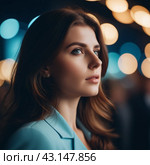 Portrait of beautiful young brown-haired girl or woman with straight flowing hair, blue eyes, and long eyelashes. Side view of head, a serious, thoughtful expression on the face. Anamorphic bokeh. AI. Стоковое AI-изображение, AI-художник Юлия Петровская / Фотобанк Лори